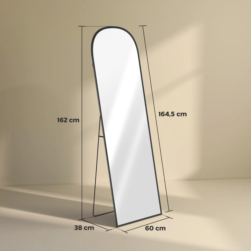 HOMCOM Espelho de Pé Espelho de Corpo Inteiro 60x165 cm com Estrutura de Liga de Alumínio e Suporte para Sala Quarto Preto