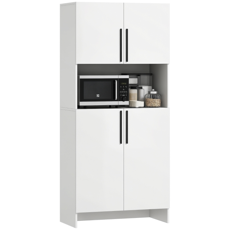 HOMCOM Armoire de Cuisine, Armoire de Rangement pour Cuisine, Salle à Manger, Salon, Armoire, Étagères, Support pour Micro-Ondes, Panneau de particules, Blanc