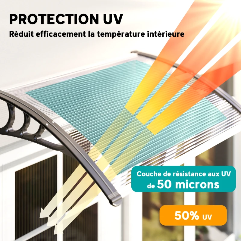 Outsunny Auvent de porte d'entrée, toit marquise de porte exterieur en polycarbonate et aluminium résistante toit abri protection contre la pluie et UV pour terrasse, balcon, 100 x 75 cm, transparent