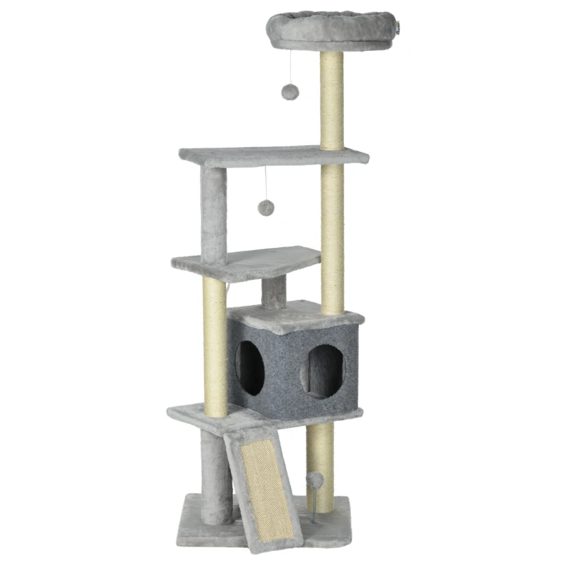 PawHut Arbre à chat arbre à grimper pour chat multi-équipements griffoirs 4 plate-formes 1 niche 1 panier hauteur 146 cm gris