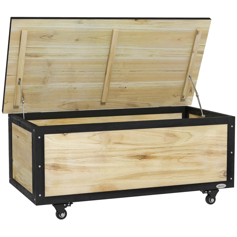 Outsunny Baú de Exterior 121 L Baú de Armazenamento em Madeira com 4 Rodas para Jardim Pátio Varanda 100x50x43 cm Natural e Preto