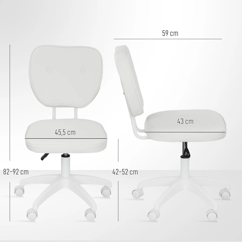 Vinsetto Cadeira de Escritório Estofada em PU com Altura Ajustável Sem Braços Cadeira de Estudo Dormitório 46x59x82-92 cm Branco