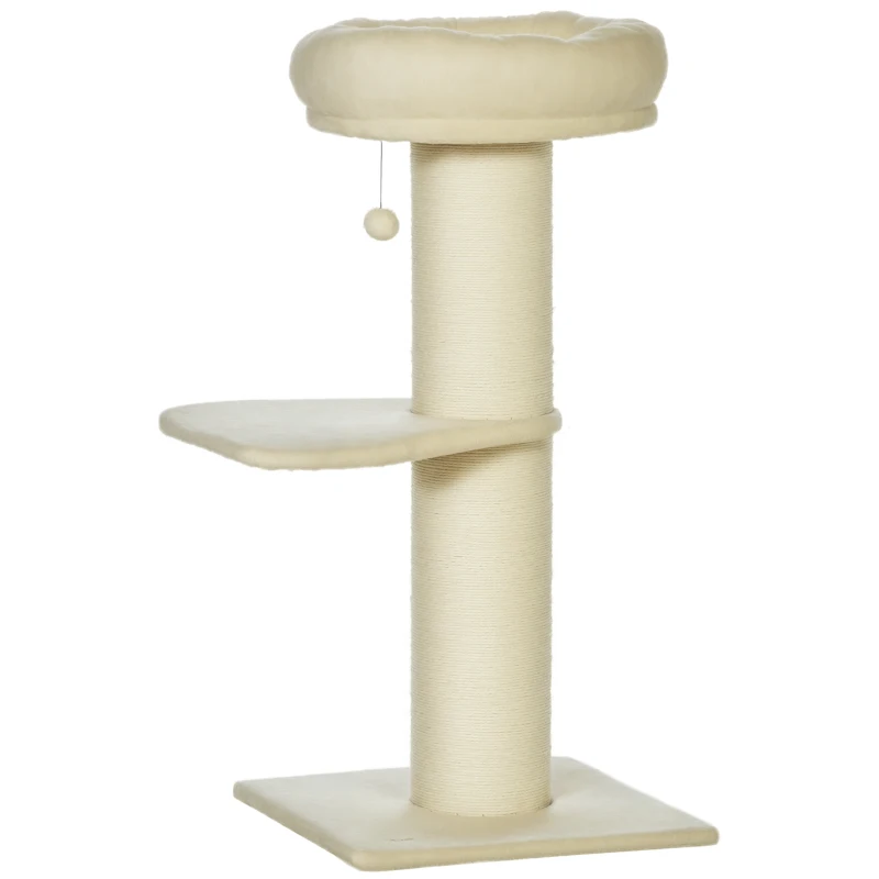PawHut Arbre à chat griffoir sisal naturel 2 plateforme panier observation jeu boule suspendue peluche beige