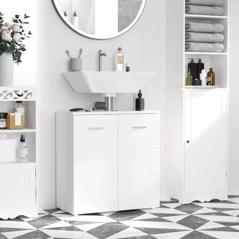 kleankin Meuble Sous Lavabo à 2 Portes, Armoire Gain de Place pour Lavabo en Bois avec Tablette Réglable, Blanc Brillant