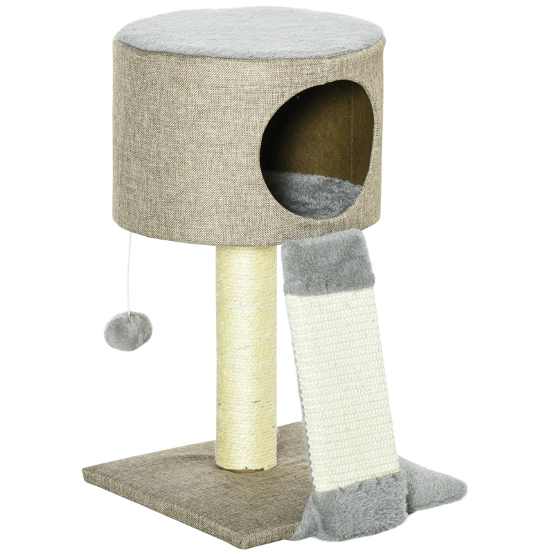 PawHut Árbol Rascador para Gatos Pequeño Altura 50 cm Torre Escalador de Gato con Cueva Rampa Poste Rascador de Sisal Natural y Bola Colgante 30x30x50 cm Beige Oscuro