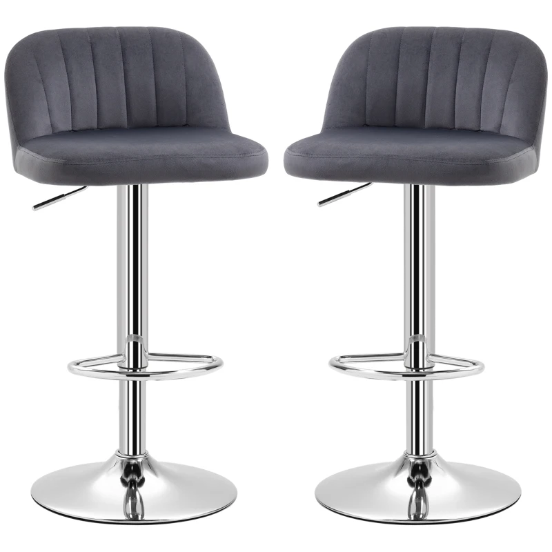 HOMCOM Lot de 2 tabourets de bar design contemporain avec repose-pieds hauteur réglable et pivotant - revêtement tissu effet velours - pied métal - gris