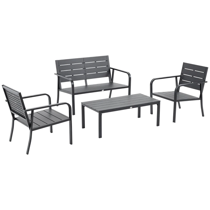 Outsunny Set Salotto da Giardino da 4 Pezzi con Panchina a 2 Posti, 2 Poltrone e Tavolino, Grigio Scuro