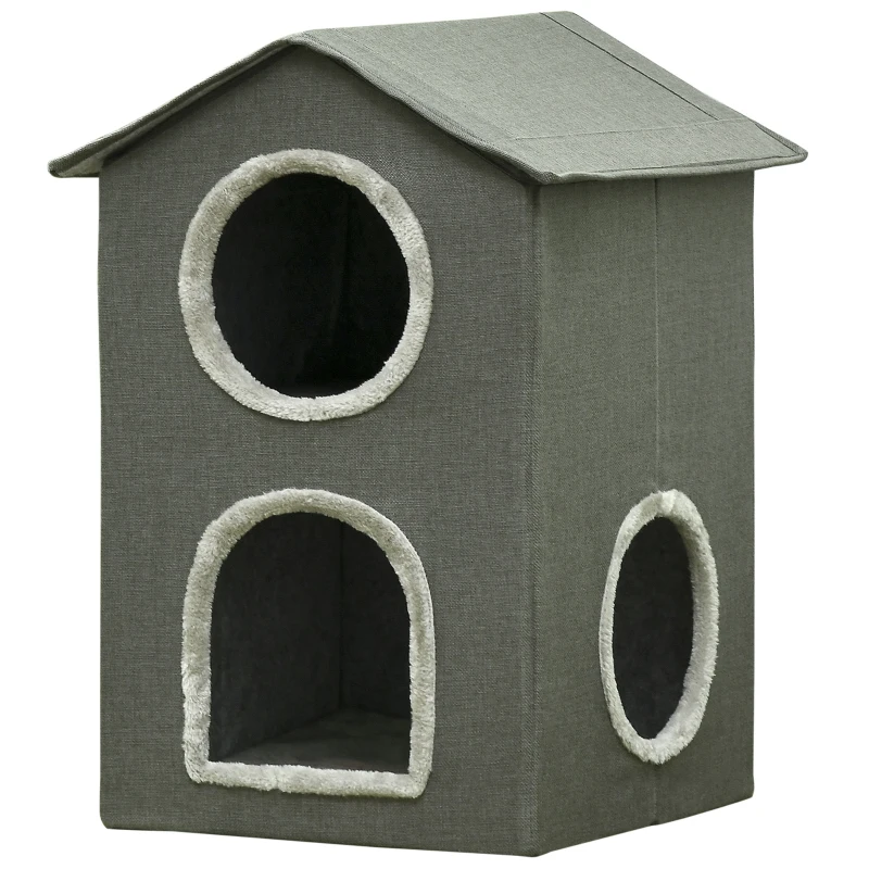PawHut Maison pour Chats à Deux Niveaux avec Coussins Lavables 3 entrées, 42x46x59.5 cm, Gris