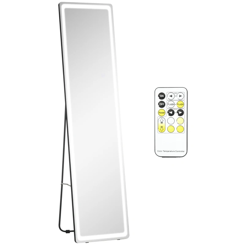 HOMCOM Espejo de Pie de Pared y Suelo con Luz LED y Mando a Distancia con Brillo Ajustable 40x37x157,5 cm Plata y Negro