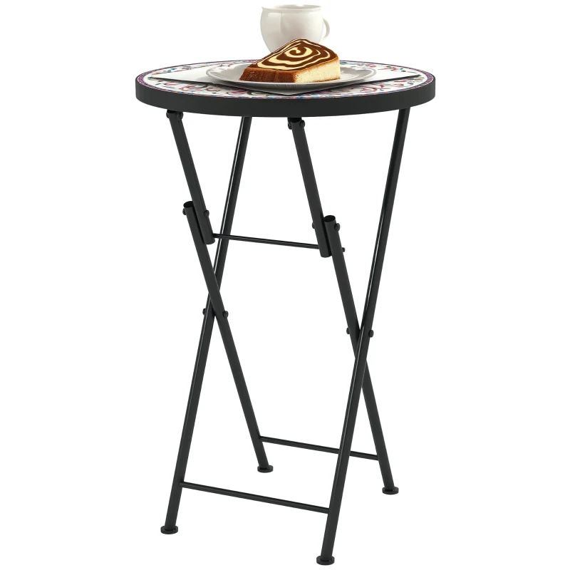Outsunny Table de jardin en mosaïque, Table ronde pliante pour terrasse avec cadre en métal et dessus en céramique, Motif de mosaïque, Multicolore