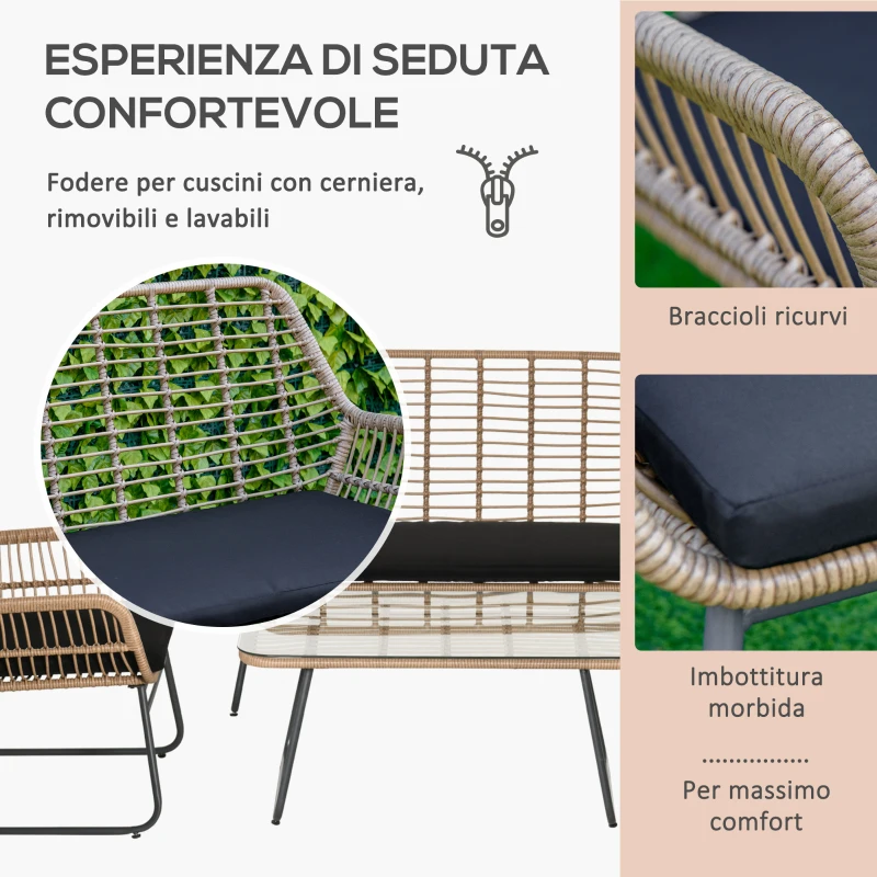 Outsunny Set Mobili da Giardino Stile Boho in Rattan PE con 2 Poltrone, Divanetto e Tavolino