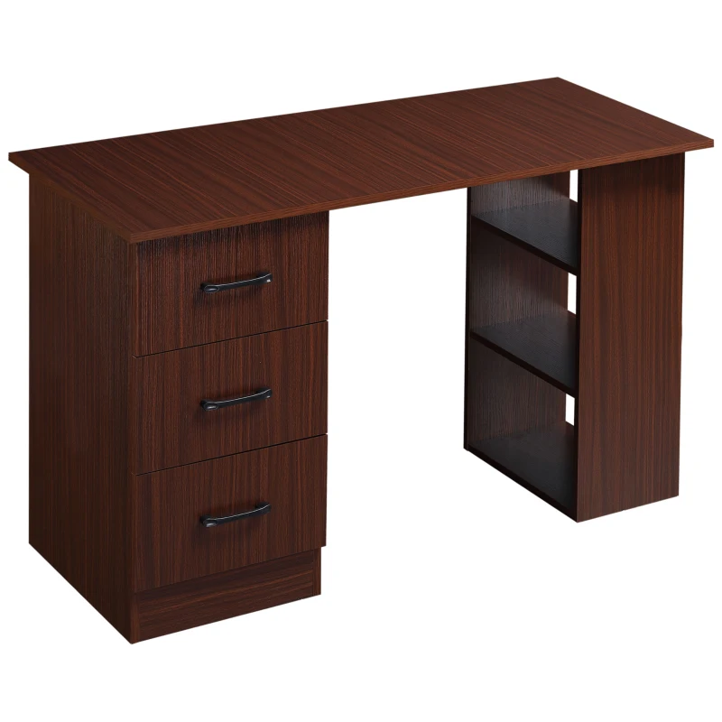HOMCOM Bureau de Bureau avec 3 Tiroirs et 3 Étagères Réversibles en Bois, 120x49x72cm, Noyer