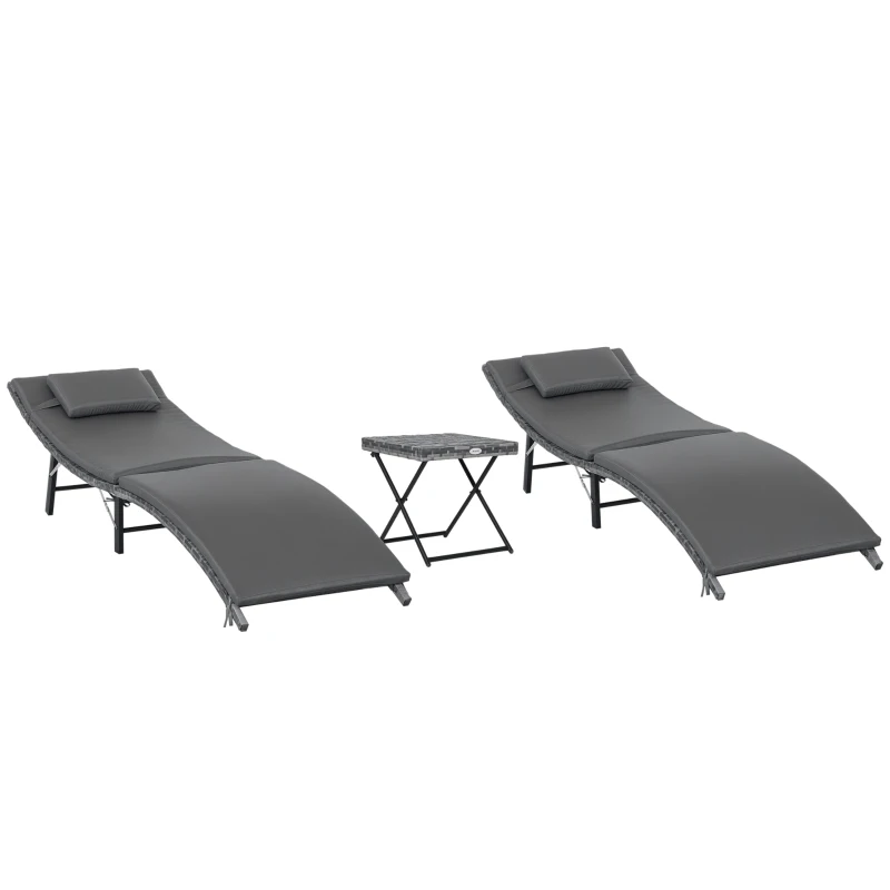 Outsunny Lettini Prendisole Richiudibili con Cuscini Rimovibili e Tavolino Pieghevole, Set 3 Pz in Rattan, Grigio