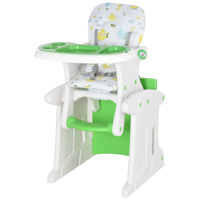 HOMCOM Trona para Bebés 2 en 1 para 6 Meses a 6 Años Transformable en Mesa y Silla Multifuncional Ajustable en 3 Posiciones Respaldo Alto Acolchado con 2 Bandejas Extraíbles 57x59x105 cm Verde