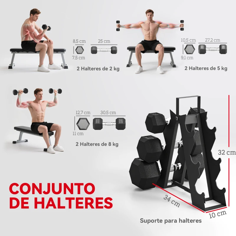 SPORTNOW Conjunto de Halteres 6 Peças 2 x 2 kg 2 x 5 kg 2 x 8 kg com Revestimento em Borracha Antideslizante e Suporte Preto