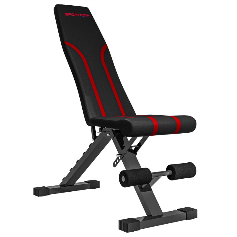 SPORTNOW Banco de Musculación Ajustable Plegable con Respaldo y Asiento Regulables Estructura de Acero y Rodillos para Piernas