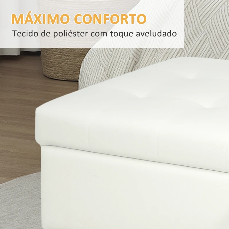 HOMCOM Banco de Arrumação Baú Estofado em Veludo com Pés de Madeira Capacidade 71L para Quarto Entrada ou Sala 100x50x43 cm Creme