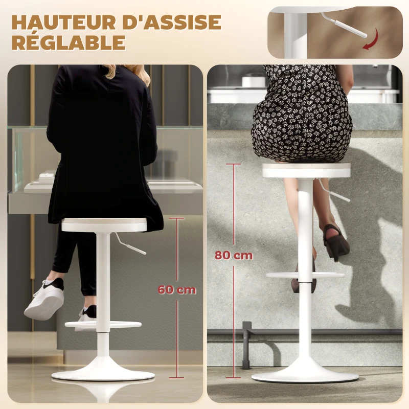 HOMCOM Lot de 2 tabourets de bar, chaises de bar pivotantes avec assise en hévéa, hauteur réglable et repose-pieds, blanc