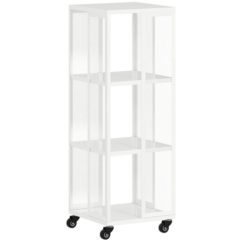 HOMCOM Bibliothèque Moderne à 3 Niveaux en Métal avec Roulettes, 35x35x99 cm, Blanc