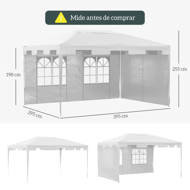 Outsunny Tonnelle de Jardin 395x295x255 cm Cenador Démontable Extérieur avec 2 Panneaux Latéraux 2 Fenêtres Anti-UV pour Terrasse Patio Blanc