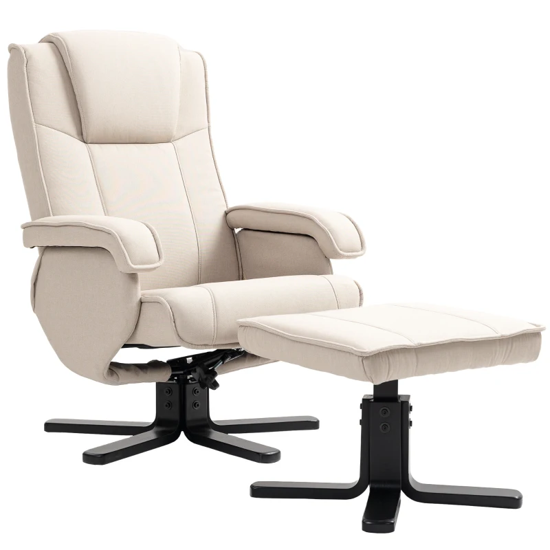 HOMCOM Fauteuil Relax Inclinable avec Repose-Pieds Pivotant Revêtement en Lin avec Base en Bois Beige