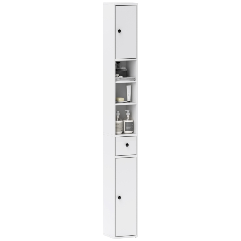 HOMCOM Colonne de Salle de Bain Gain de Place avec 2 Armoires, 3 Étagères Ouvertes et Tiroir, en Bois, 20x20x178 cm, Blanc