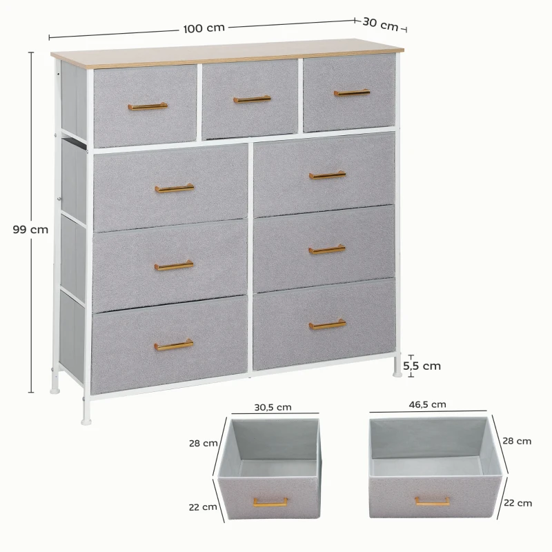 HOMCOM Commode Moderne avec 9 Tiroirs en Tissu et Design Élégant pour Chambre Salon ou Entrée 100x30x99 cm Gris