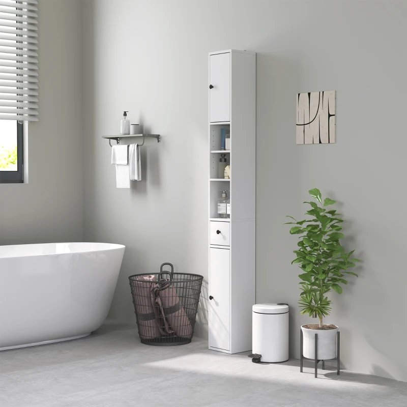 HOMCOM Colonne de Salle de Bain Gain de Place avec 2 Armoires, 3 Étagères Ouvertes et Tiroir, en Bois, 20x20x178 cm, Blanc