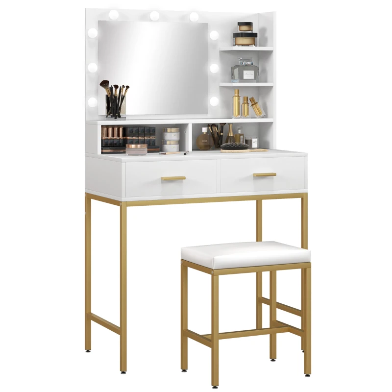 HOMCOM Mobile Coiffeuse avec Miroir, 2 Tiroirs, 5 Étagères et Tabouret, en MDF et Panneau de Particules, 80x40x138 cm, Blanc