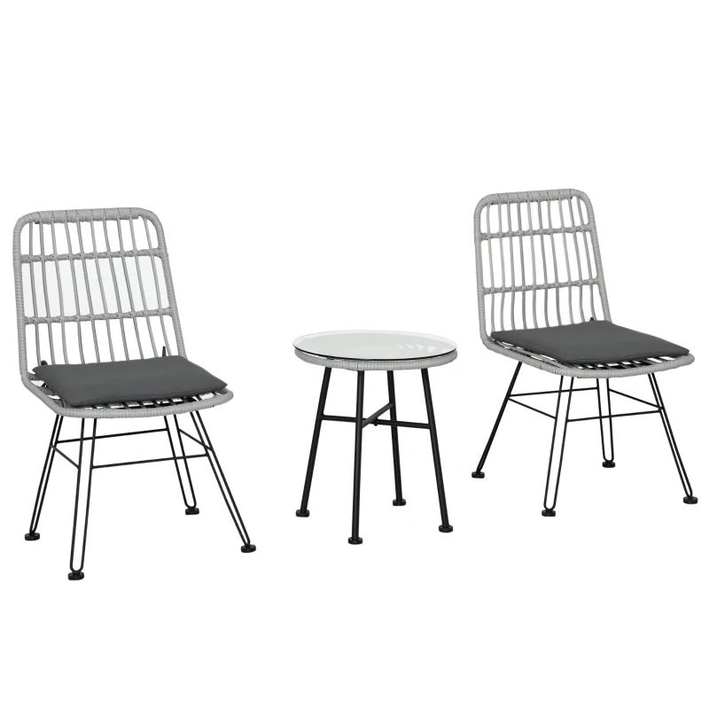 Outsunny Set Mobili da Giardino 3 Pezzi con Tavolino e Sedie in Rattan PE, Poilestere e Acciaio per Esterni, Grigio