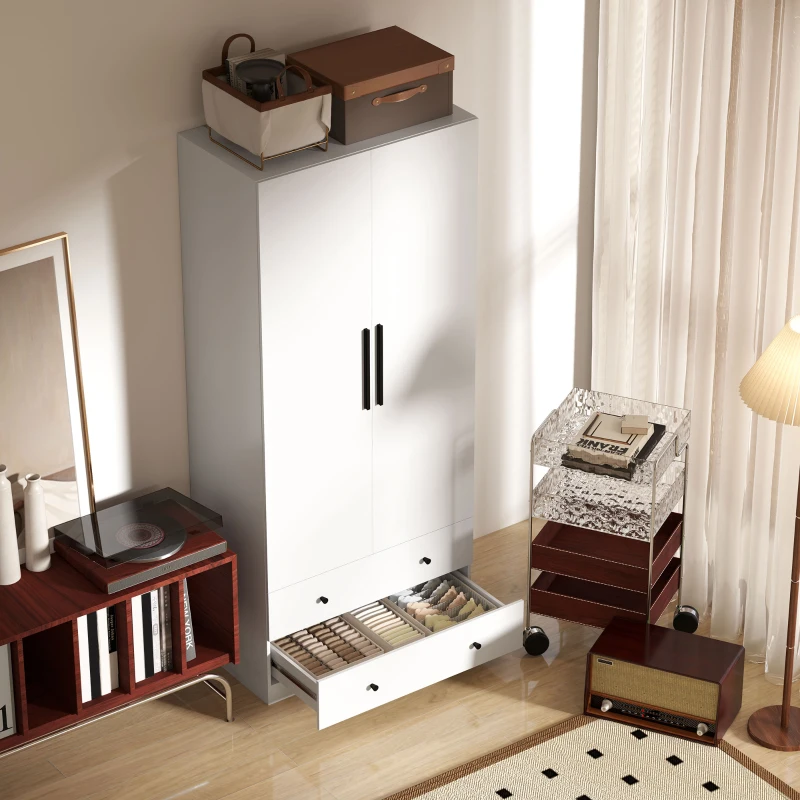 HOMCOM Armoire à 2 Portes avec Espace de Suspension, Tringle à Vêtements, 2 Tiroirs, Panneau de Particules, Blanc