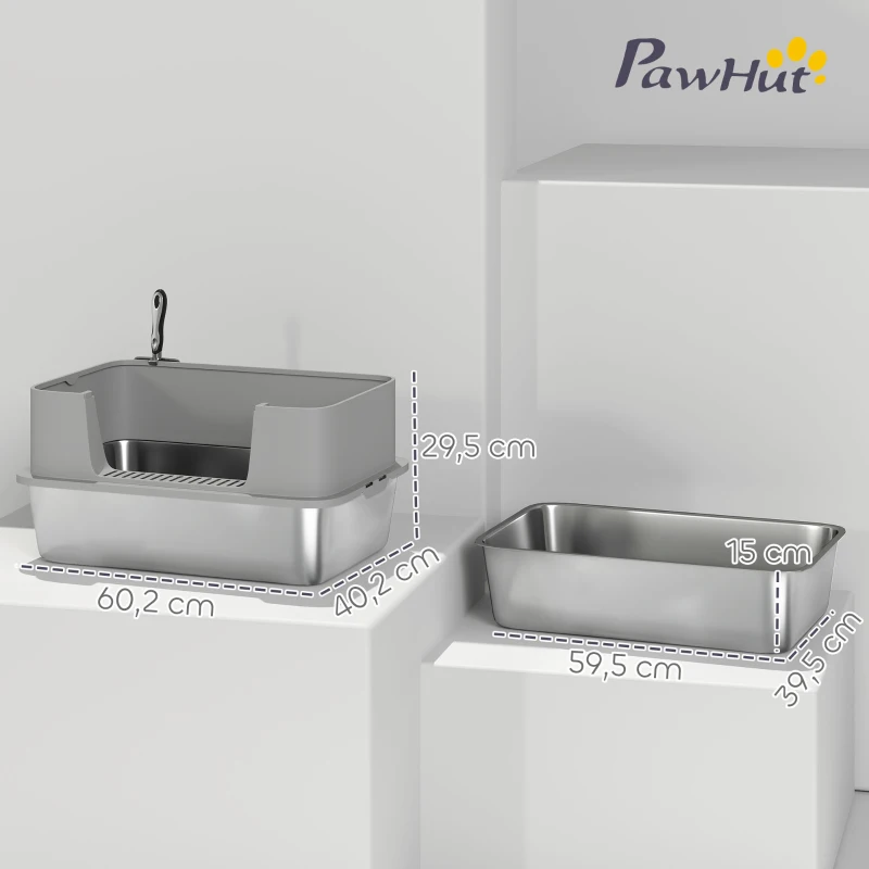 PawHut Caixa de Areia para Gatos em Aço Inoxidável XL Caixa de Areia para Gatos com Borda Alta e Pá 60x40x29,5 cm Cinzento