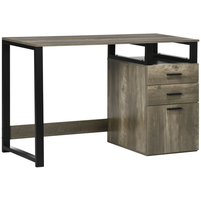 HOMCOM Escritorio de Oficina Mesa de Ordenador con 2 Cajones Marco de Metal para Estudio Despacho 119,5x56x76,8cm Marrón
