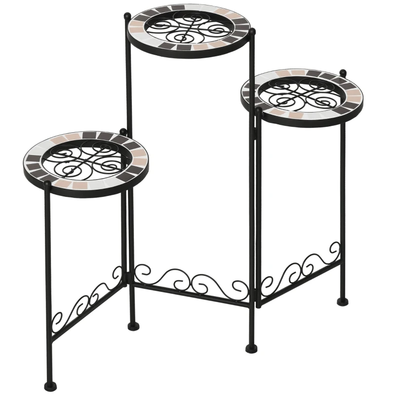 Outsunny Suporte de Metal para Plantas Dobrável Suporte para Flores com 3 Prateleiras com Bordas de Azulejo para Decoração de Interiores e Exteriores 60x22x65cm Preto