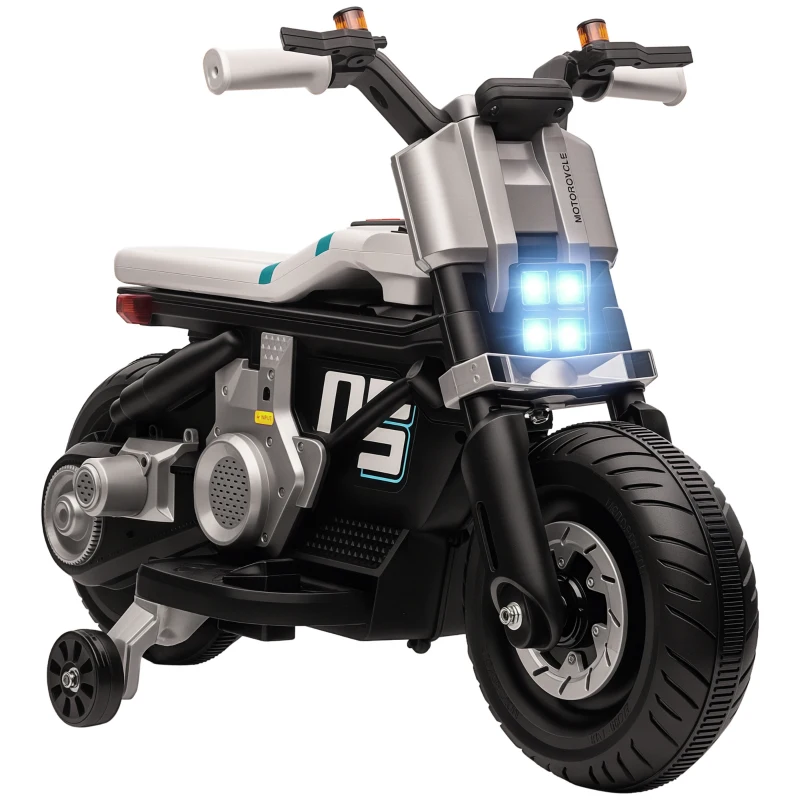 HOMCOM Moto Électrique pour Enfants 3-5 Ans en PP et Métal avec Roulettes, Klaxon et Musique, 86x44x58 cm, Blanc et Noir