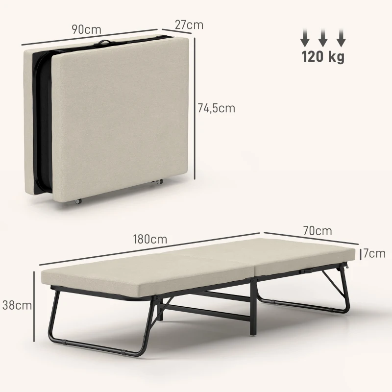 HOMCOM Lit Plié Pliant 70x180 cm avec Matelas en Mousse Dossier Ajustable en 5 Positions et Roulettes Charge 120 kg Crème