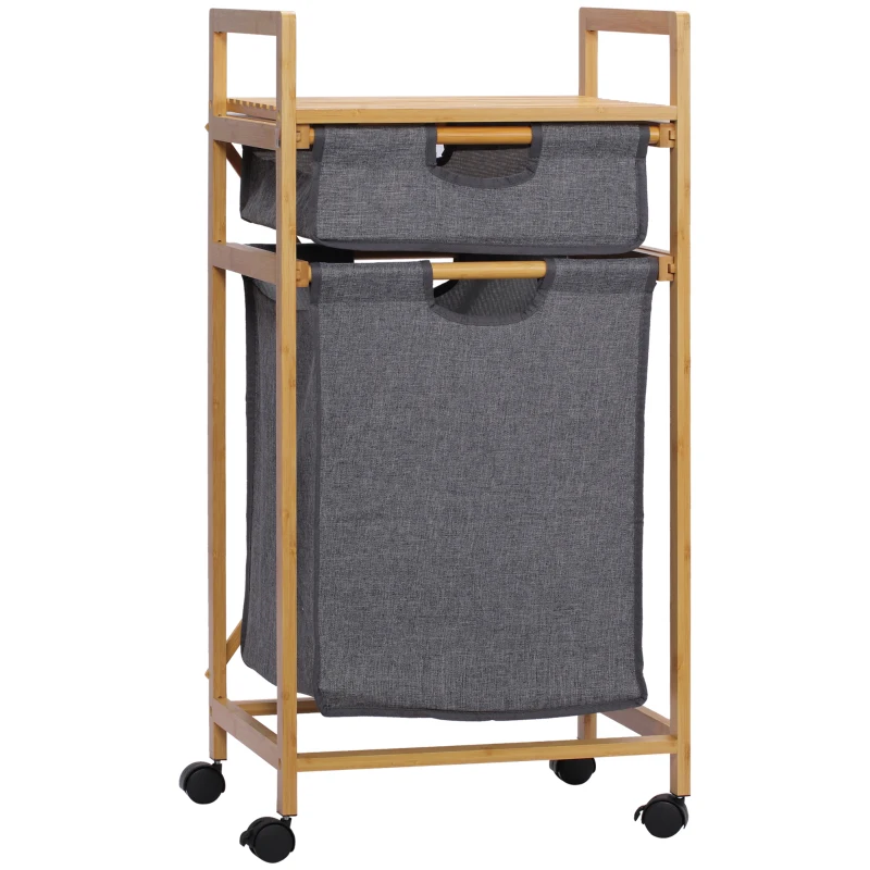 HOMCOM Cesto para Ropa Sucia Cesta para la Colada de Bambú con 2 Bolsas de Tela Extraíbles y Ruedas 42x35x84,5 cm Gris