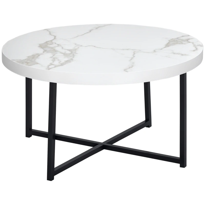 HOMCOM Table Basse Ronde avec Plateau Effet Marbre en MDF et Pieds en Métal, Φ80x45 cm, Blanc