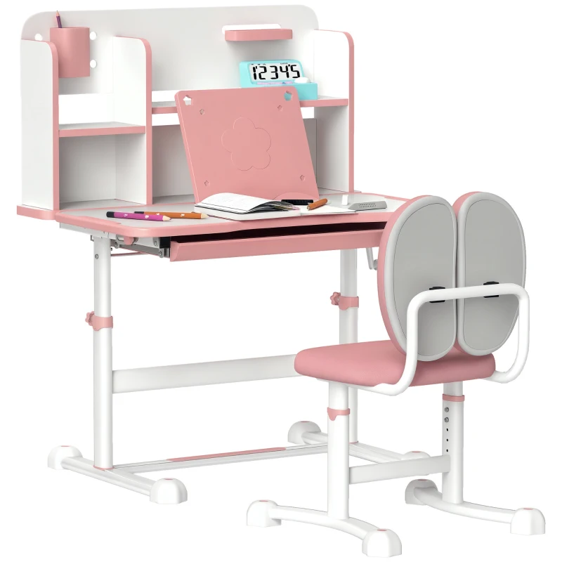 AIYAPLAY Set Bureau et Chaise pour Enfants Réglables, Bureau d'École avec Plan Inclinable, Tiroir, Étagère, Rose