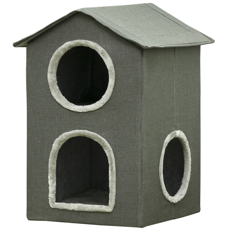 PawHut Maison pour Chats à Deux Niveaux avec Coussins Lavables 3 entrées, 42x46x59.5 cm, Gris