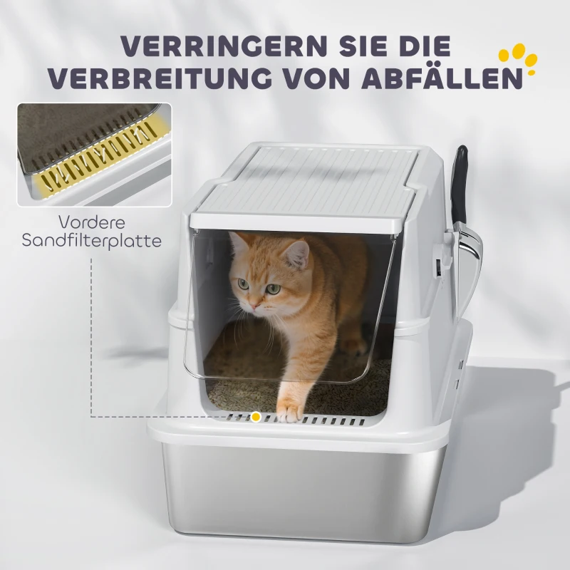 PawHut Kattenbak, roestvrij staal, XL-interieur, met schep, lichtgrijs(m-8)