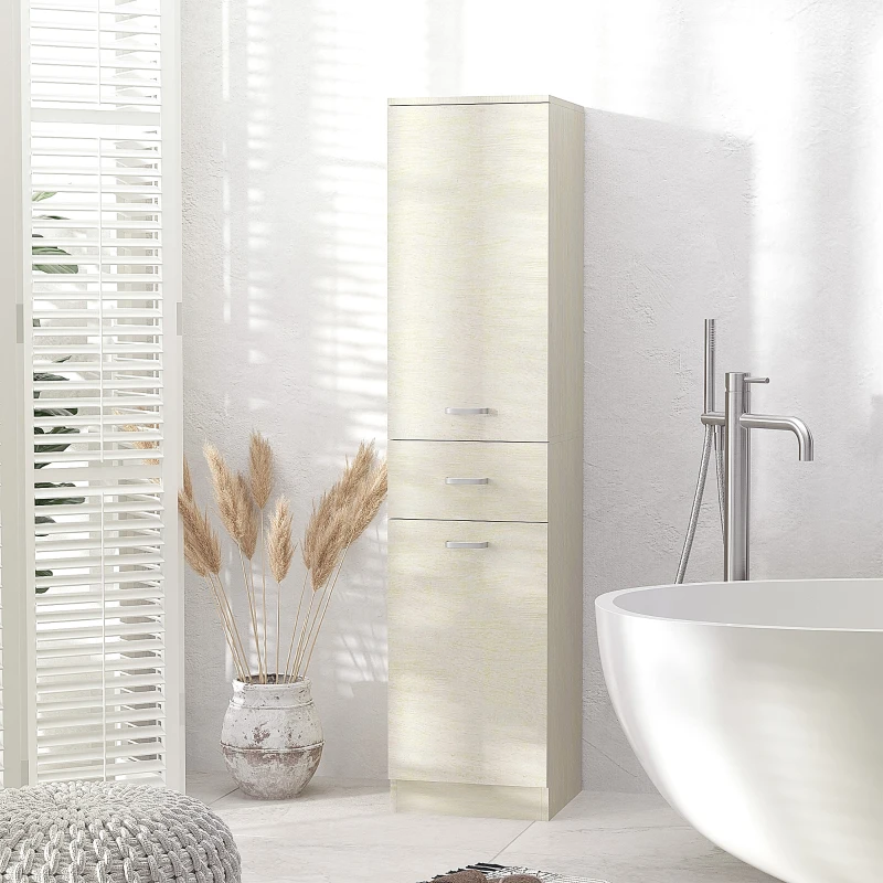 HOMCOM Colonne de Salle de Bains en Bois avec Tiroir, 2 Armoires et Étagères Ajustables, 34x34x150 cm, Couleur Bois