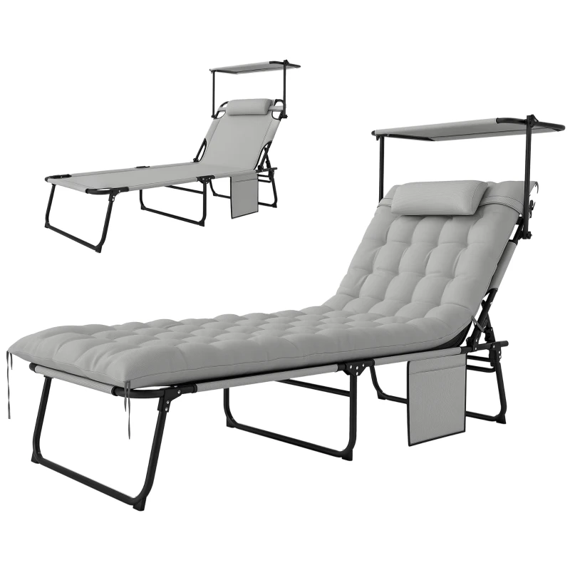 Outsunny Chaise longue pliable avec auvent, Matelas de jardin, Chaise longue avec dossier ajustable en 4 positions Gris clair