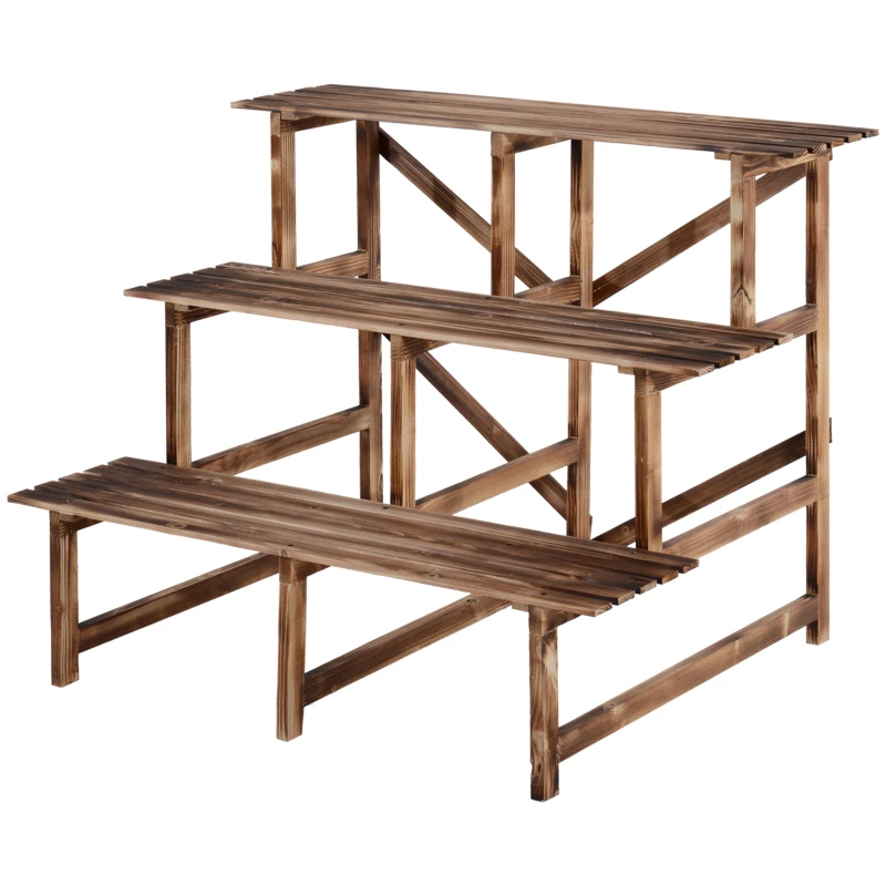 Outsunny Étagère à plantes pliable à 3 niveaux de 78 cm de hauteur, support de fleurs pour intérieur et extérieur en bois, étagère à pots de fleurs avec plateaux, étagère à plantes pour salon, jardin, balcon en bois naturel