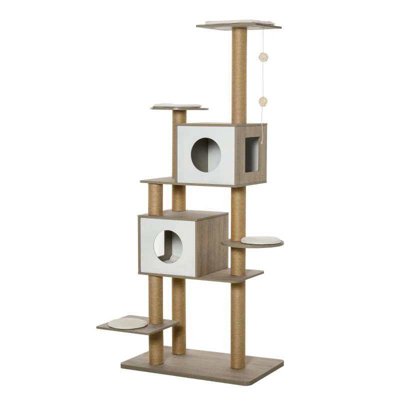 PawHut Árbol Rascador Árbol para Escalar para Gatos Altura 177cm con Plataformas Cuevas Juguete Colgante Cojín Extraíble Postes de Yute Blanco y Marrón
