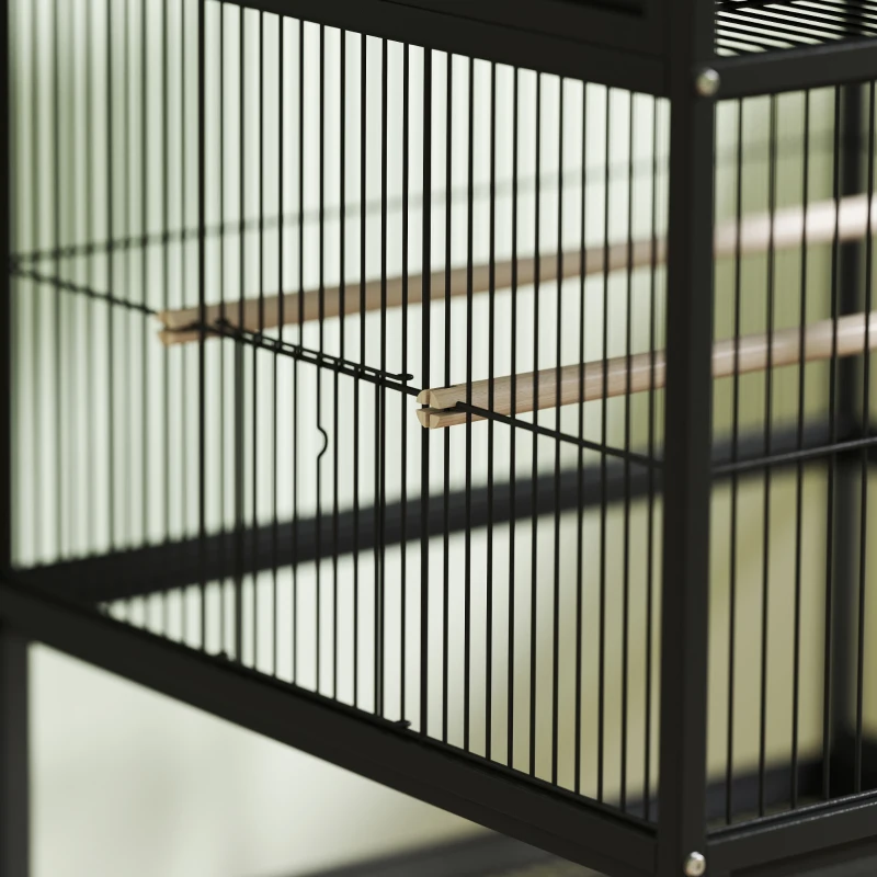 PawHut Cage pour Oiseaux de 2 Niveaux avec Panneaux Acryliques Gamelles Roues et Étagère Inférieure 48x46x134,5 cm Noir