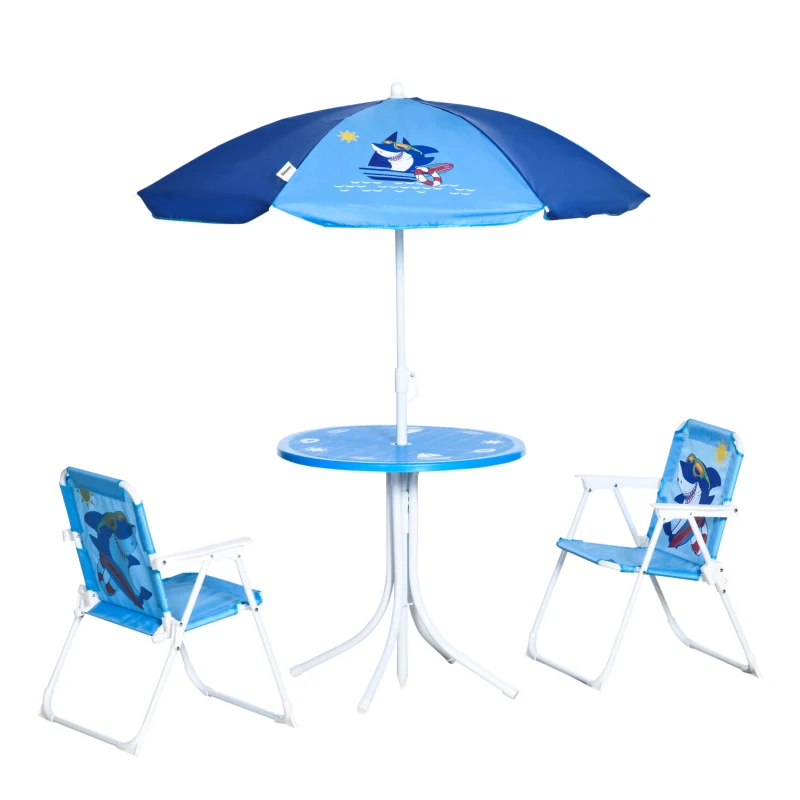 Outsunny 4 pcs Ensemble de Sièges pour Enfants Jardin Table de Jardin 2 Chaises Pliantes Parasol Camping Mobilier de Jardin pour 3-6 ans Bleu