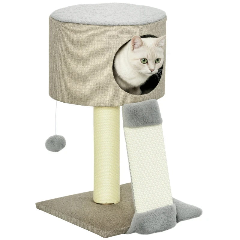 PawHut Árbol Rascador para Gatos Pequeño Altura 50 cm Torre Escalador de Gato con Cueva Rampa Poste Rascador de Sisal Natural y Bola Colgante 30x30x50 cm Beige Oscuro