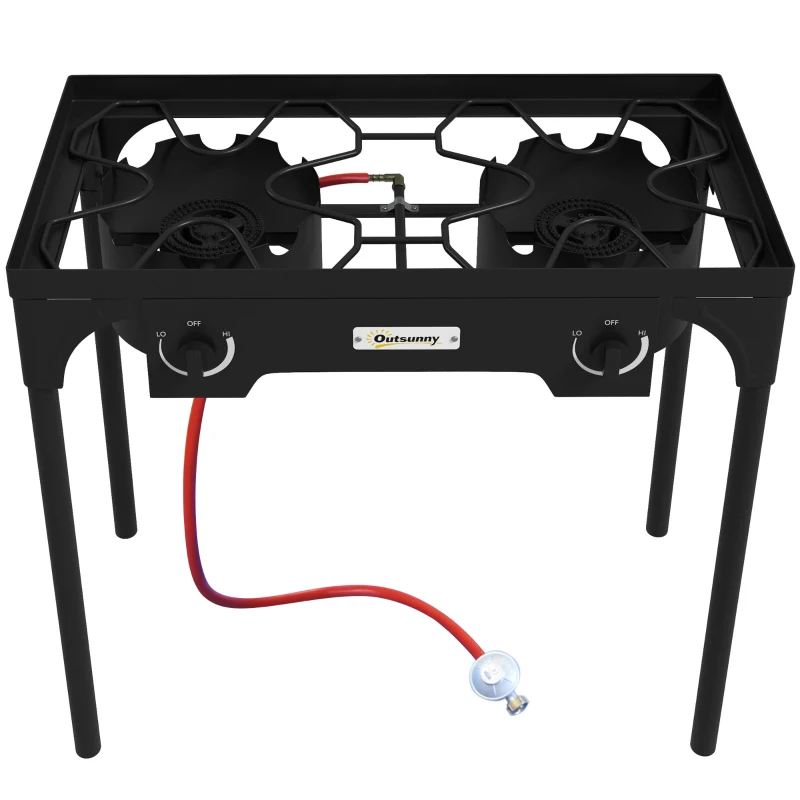 Outsunny Réchaud 2 brûleurs au propane portable 150 000 BTU/h avec 2 pieds amovibles pour extérieur, camping, métal moulé
