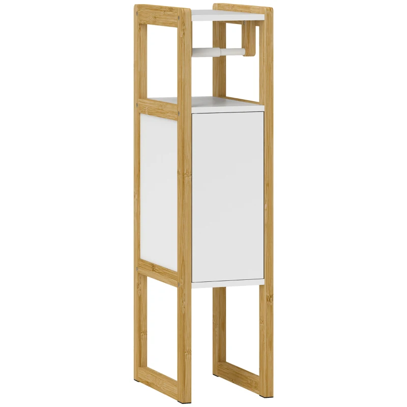HOMCOM Meuble de Salle de Bain Gain de Place avec Porte-Papier Toilette, Placard et Étagère en Bambou, 20x33x80cm, Blanc